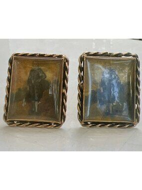 Vintage Gold-Tone Rectangular Cufflinks With Painted Portrait Design